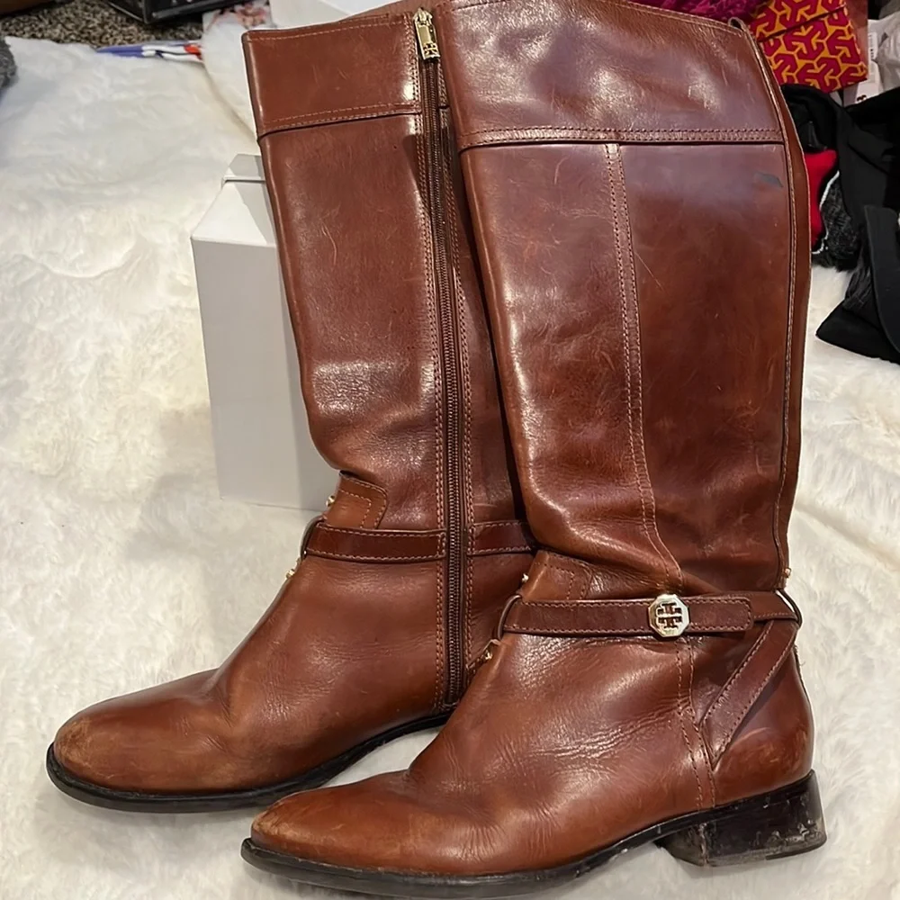 Tory Burch Chestnut Brown Leather Riding Boots, lightly worn